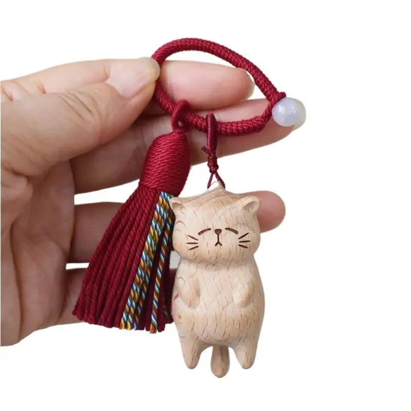 Retro Wooden Cat Keychain Hand Carved Cute Kitty Bag Pendant Charm Tassel Gift Or Women Girl Couple Fashion Jewelry Accessories