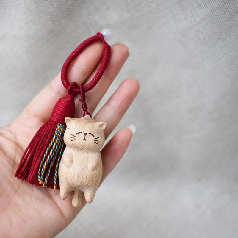 Retro Wooden Cat Keychain Hand Carved Cute Kitty Bag Pendant Charm Tassel Gift Or Women Girl Couple Fashion Jewelry Accessories