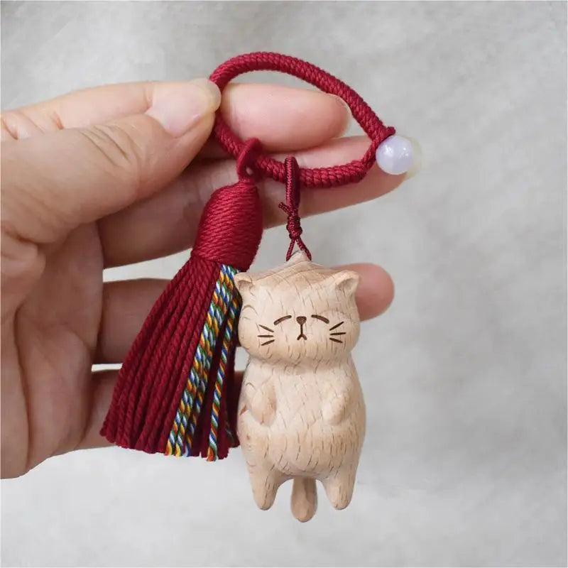 Retro Wooden Cat Keychain Hand Carved Cute Kitty Bag Pendant Charm Tassel Gift Or Women Girl Couple Fashion Jewelry Accessories
