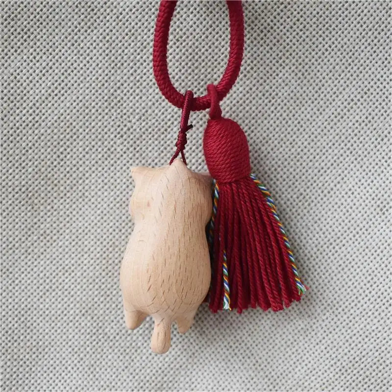 Retro Wooden Cat Keychain Hand Carved Cute Kitty Bag Pendant Charm Tassel Gift Or Women Girl Couple Fashion Jewelry Accessories