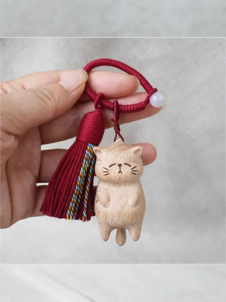 Retro Wooden Cat Keychain Hand Carved Cute Kitty Bag Pendant Charm Tassel Gift Or Women Girl Couple Fashion Jewelry Accessories